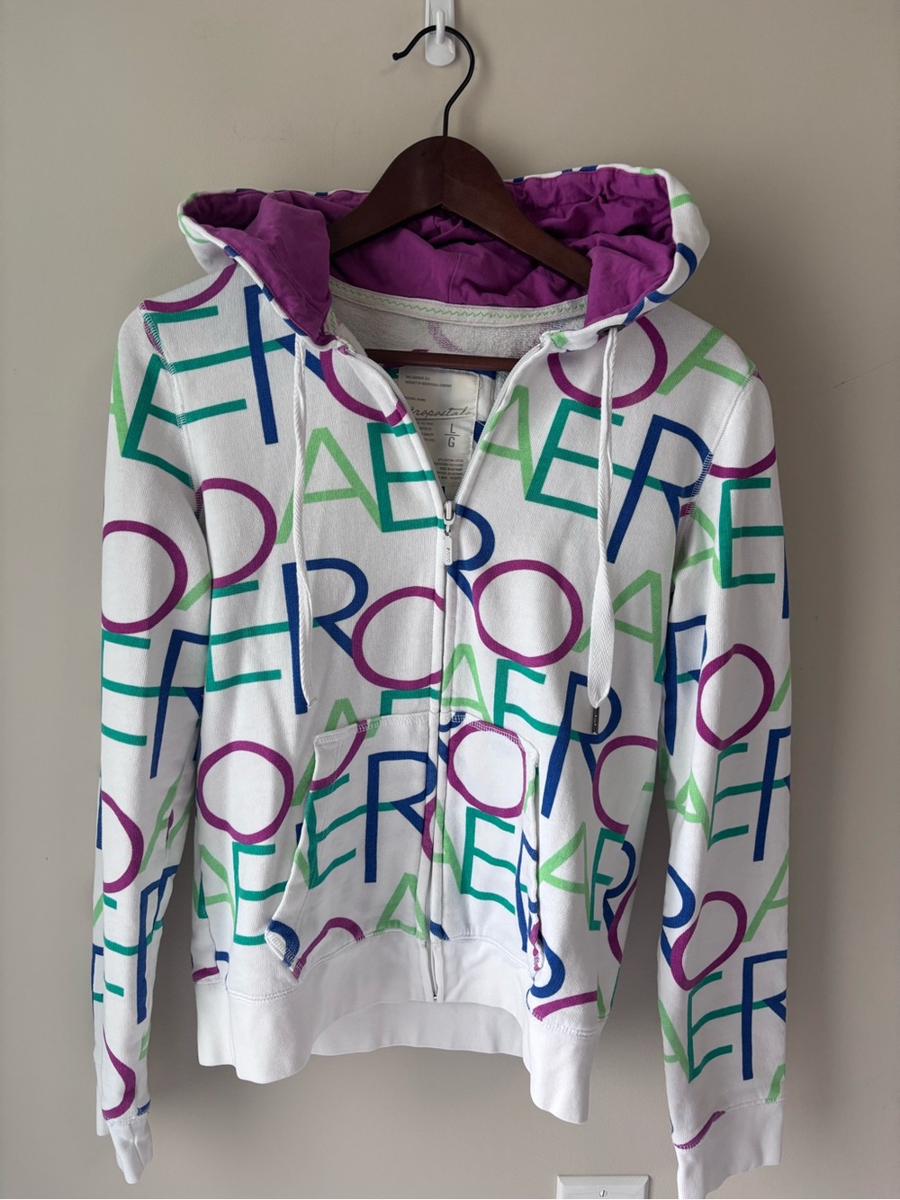 Aeropostale White Hoodie Y2K with Green, Blue & Purple Letter Print